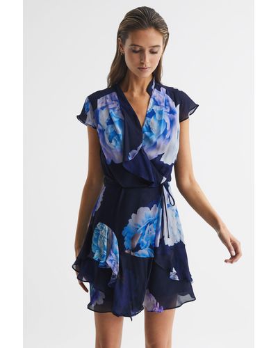 Reiss Macey - Black/blue Floral Print Wrap Dress, Us 4