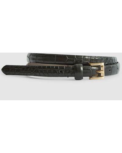 Reiss Molly - Black Leather Croc Embossed Mini Belt, S
