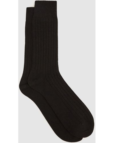 Reiss Cirby Charcoal Socks - Dark Gray Wool Cashmere Blend Ribbed - Black