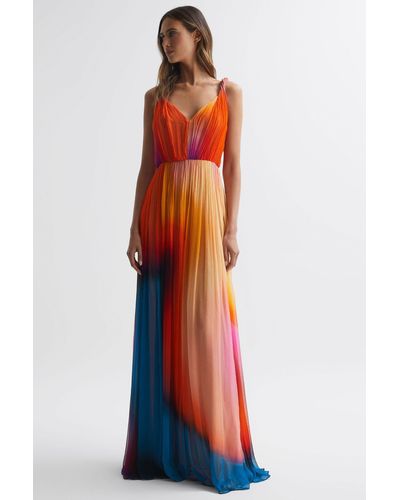 Reiss Stacia - Sunset Abstract Halston Pleated Maxi Gown - Red
