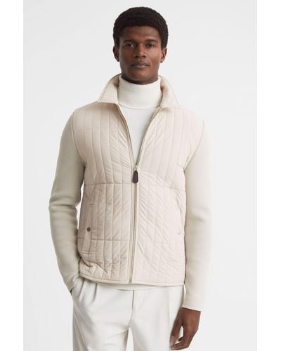 Reiss Tosca - Stone Hybrid Knit And Quilt Jacket - Natural