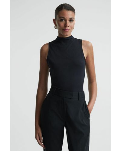 Reiss Bianca - Black Fitted Ruched High-neck Top - Blue