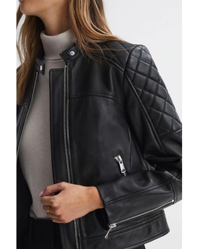Reiss Adelaide - Black Leather Collarless Quilted Jacket