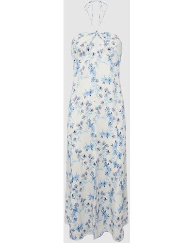 Reiss Sophia - White Floral Print Halter Neck Midi Dress, Us 8 - Blue