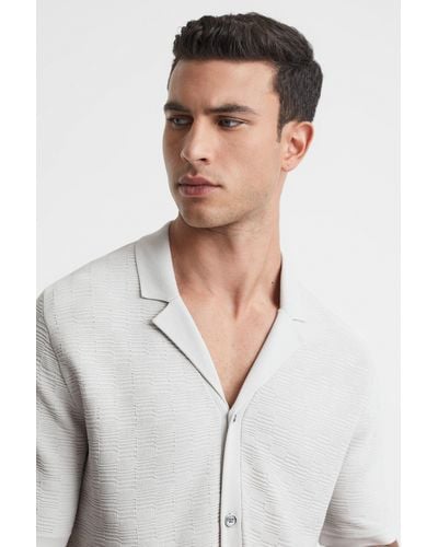 Reiss Lunar - Ice Gray Textured Cuban Collar Button-through Shirt - White