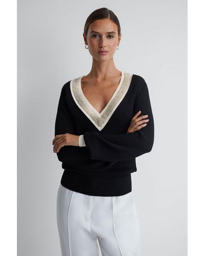 Reiss Courtney - Black/cream Contrast Trim Embellished V-neck Sweater
