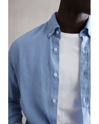 Reiss Queens - Powder Blue Regular Fit Button Down Linen Shirt, Uk X-small