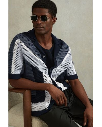 Reiss Panko - Navy Multi Cotton Blend Crochet Cuban Collar Shirt, Xs - Multicolor