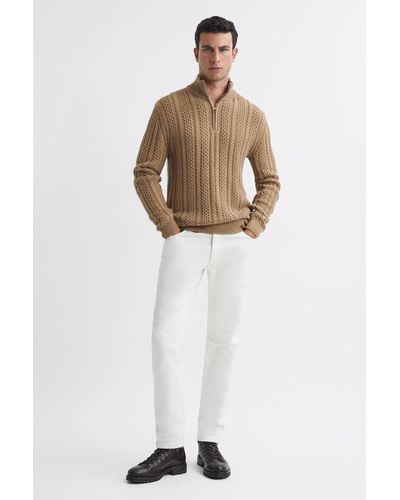 Reiss Bantham - Camel Cable Knit Half-zip Funnel Neck Sweater - Brown