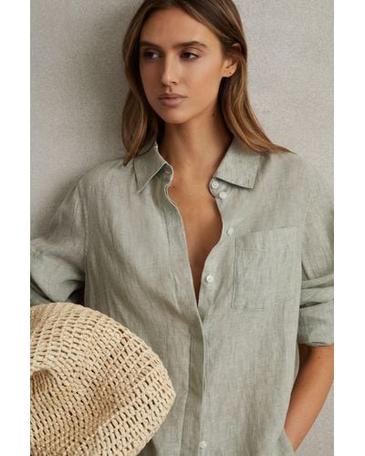 Reiss Belle - Sage Linen Button-through Shirt - Gray