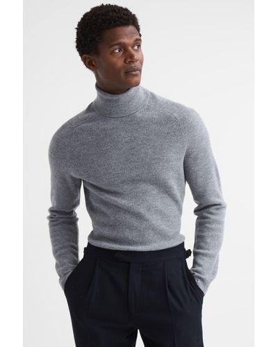 Reiss Skipton - Gray Melange Slim Fit Wool Roll Neck Sweater, S - Blue