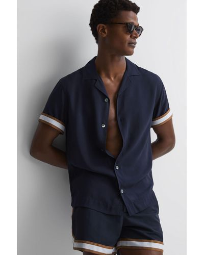 Reiss Valbonne - Navy/tobacco | Ché Contrast Cuff Cuban Collar Shirt, M - Blue