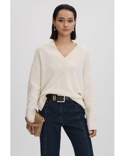 Reiss Seren - Ivory Oversized Wool Cashmere V-neck Sweater - Blue