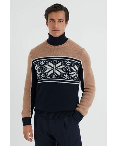 Reiss Nash - Navy/camel Knitted Colourblock Fair Isle Sweater, Xl - Blue