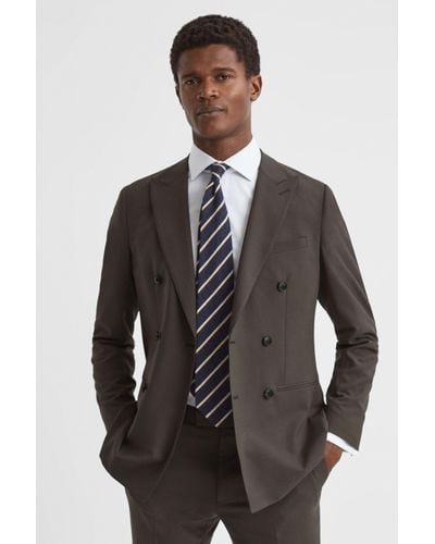 Reiss Roll - Chocolate Slim Fit Wool Blend Double Breasted Blazer - Gray