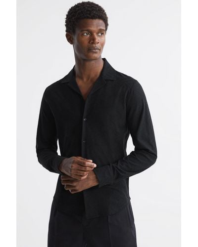 Reiss Ledger - Black Jacquard Cuban Collar Shirt