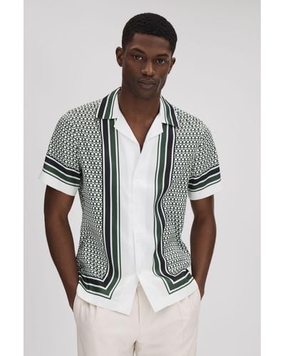 Reiss Blair - White/green Geometric Print Cuban Collar Shirt - Multicolor