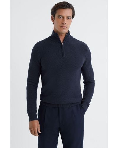 Reiss Tempo - Navy Slim Fit Knitted Half-zip Funnel Neck Sweater - Blue