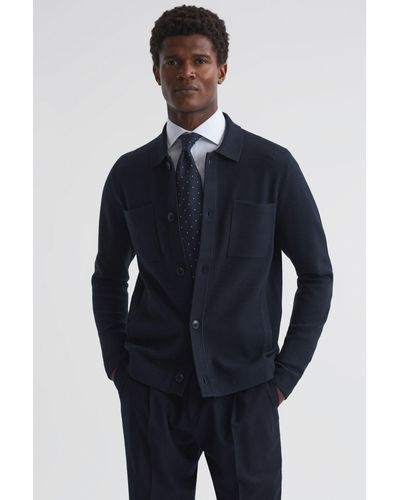 Reiss Forester - Navy/white Long Sleeve Button-through Cardigan - Blue