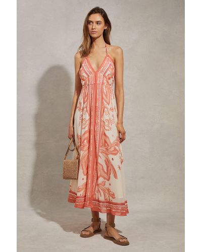 Reiss Delilah - Coral Printed Ruched Waist Midi Dress - Multicolor