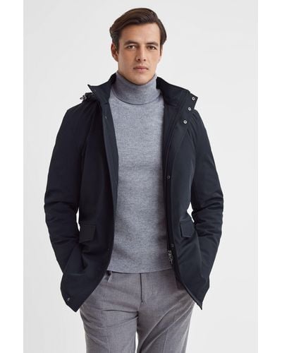 Reiss Dublin - Navy Water Repellent Removable Hooded Coat - Blue