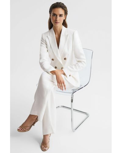 Reiss Hollie - White Petite Double Breasted Linen Blazer, Us 0