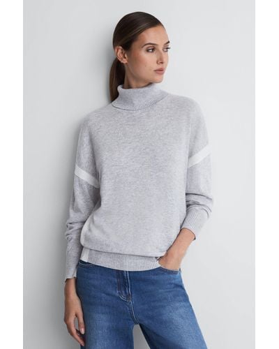 Reiss Nova - Cream/grey Colourblock Knitted Roll Neck Sweater, M - Gray