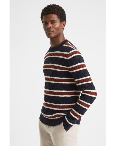 Reiss Littleton - Tobacco Cable Knitted Striped Sweater - Blue