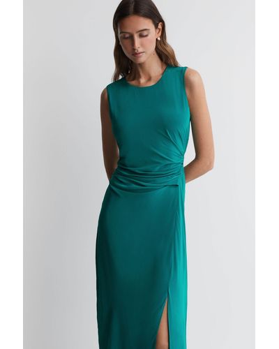 Reiss Lexi - Green Bodycon Ruched Midi Dress - Blue