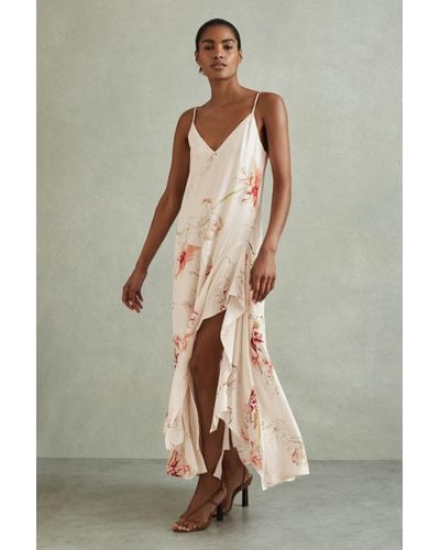 Reiss Melody - Ivory/coral Floral Print Side Split Midi Dress - Natural
