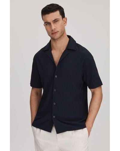 Reiss Hunt - Navy Textured Cuban Collar Shirt - Blue
