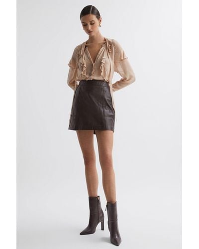 Reiss Edie - Chocolate Leather High Rise Mini Skirt - Brown