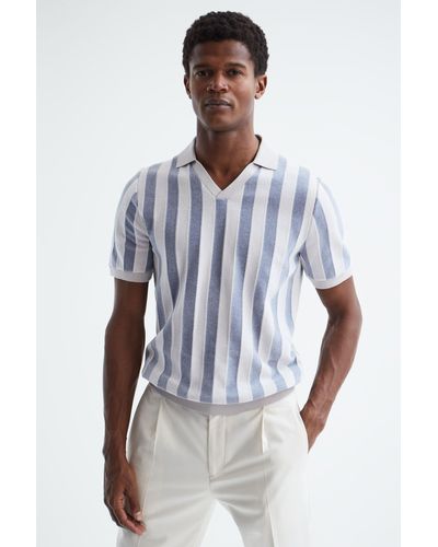 Reiss Cromer - Ice Grey/blue Short Sleeve Open Collar Chenille Polo Shirt, Xxl