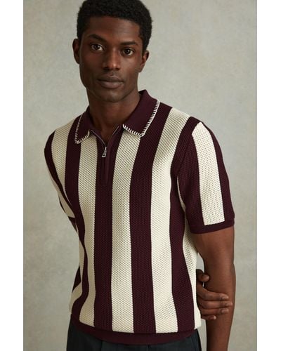 Reiss Paros - White/bordeaux Knitted Half-zip Polo Shirt, L - Brown