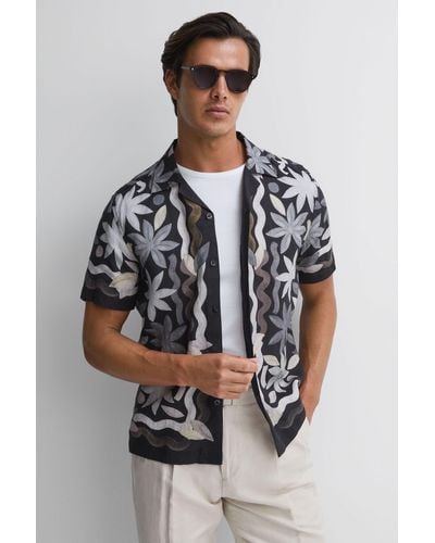 Reiss Delphi - Black Multi Linen Floral Cuban Collar Shirt - Gray