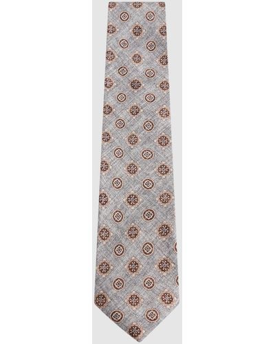 Reiss Vasari - Gray Melange Silk Medallion Print Tie, One - White