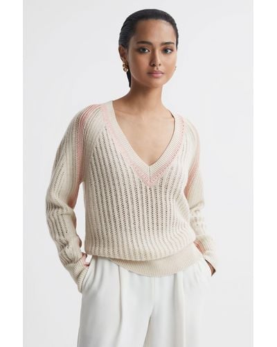 Reiss Vale - Cream/nude Wool Blend Knitted V-neck Sweater - White