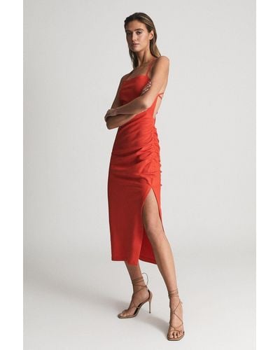Reiss Khalia - Red Stretch Linen Bodycon Midi Dress, Us 4
