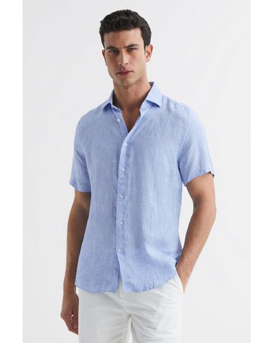 Reiss Holiday - Soft Blue Slim Fit Linen Button-through Shirt, M