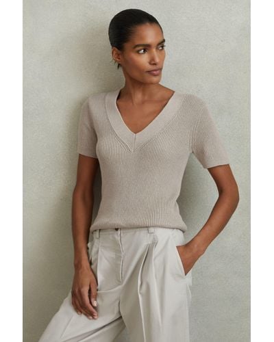 REISS Dana Long Sleeve Plunge Neckline T-Shirt in Ivory