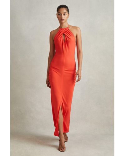 Reiss Kia - Orange Jersey Halter Neck Midi Dress - Red