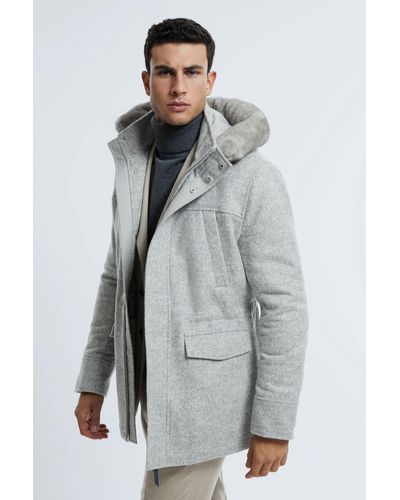 ATELIER Wool Blend Removable Faux Fur Hooded Coat - Gray