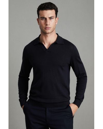 Reiss Milburn - Navy Merino Wool Open Collar Polo Shirt, Uk X-large - Blue