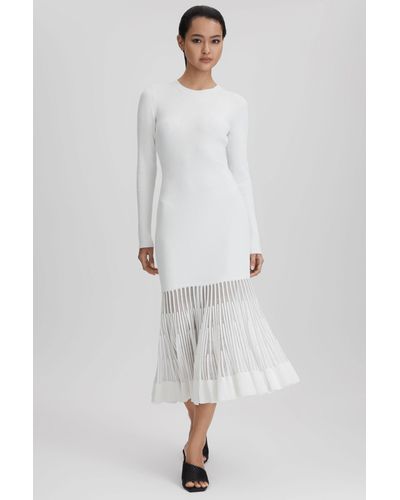 Reiss Tasmin - Cream Knitted Sheer Flared Midi Dress - Gray