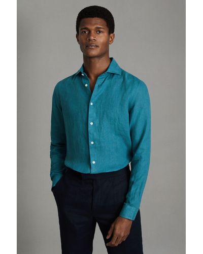 Reiss Ruban - Teal Blue Linen Button-through Shirt
