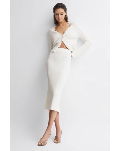 Reiss Fern - Cream Knitted High Rise Midi Skirt, M - White