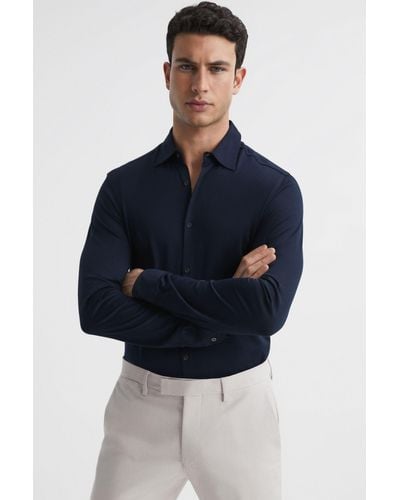 Reiss Baron - Navy Mercerised Jersey Shirt, L - Blue