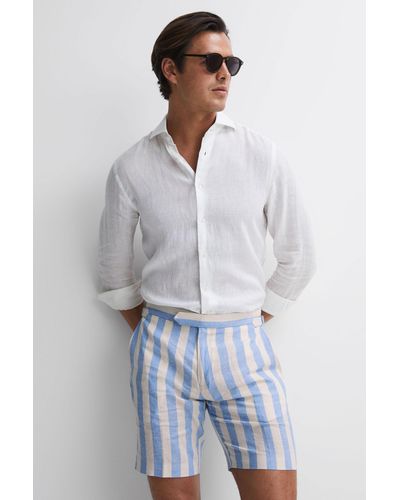 Reiss Fresno - Blue Multi Linen Adjustable Striped Shorts