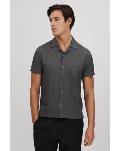 Reiss Tokyo - Charcoal Cuban Collar Button-through Shirt - Gray