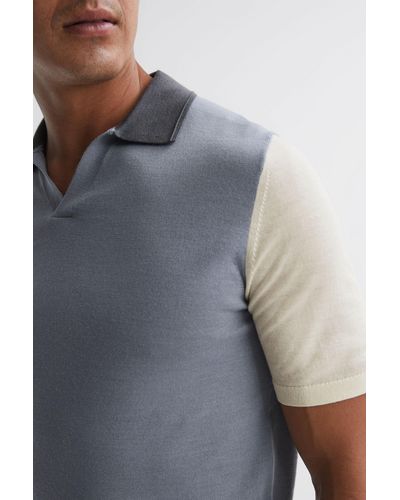 Reiss Stoneleigh - Porcelain Blue Wool Open Collar Polo Shirt, M - Gray